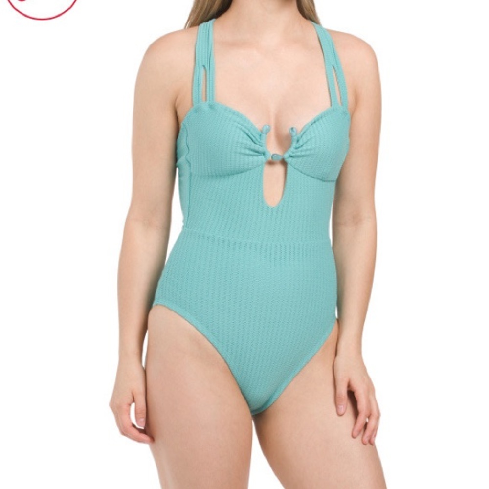 BECCA Blue Ribbed One Piece Swimsuit with Halter Neck